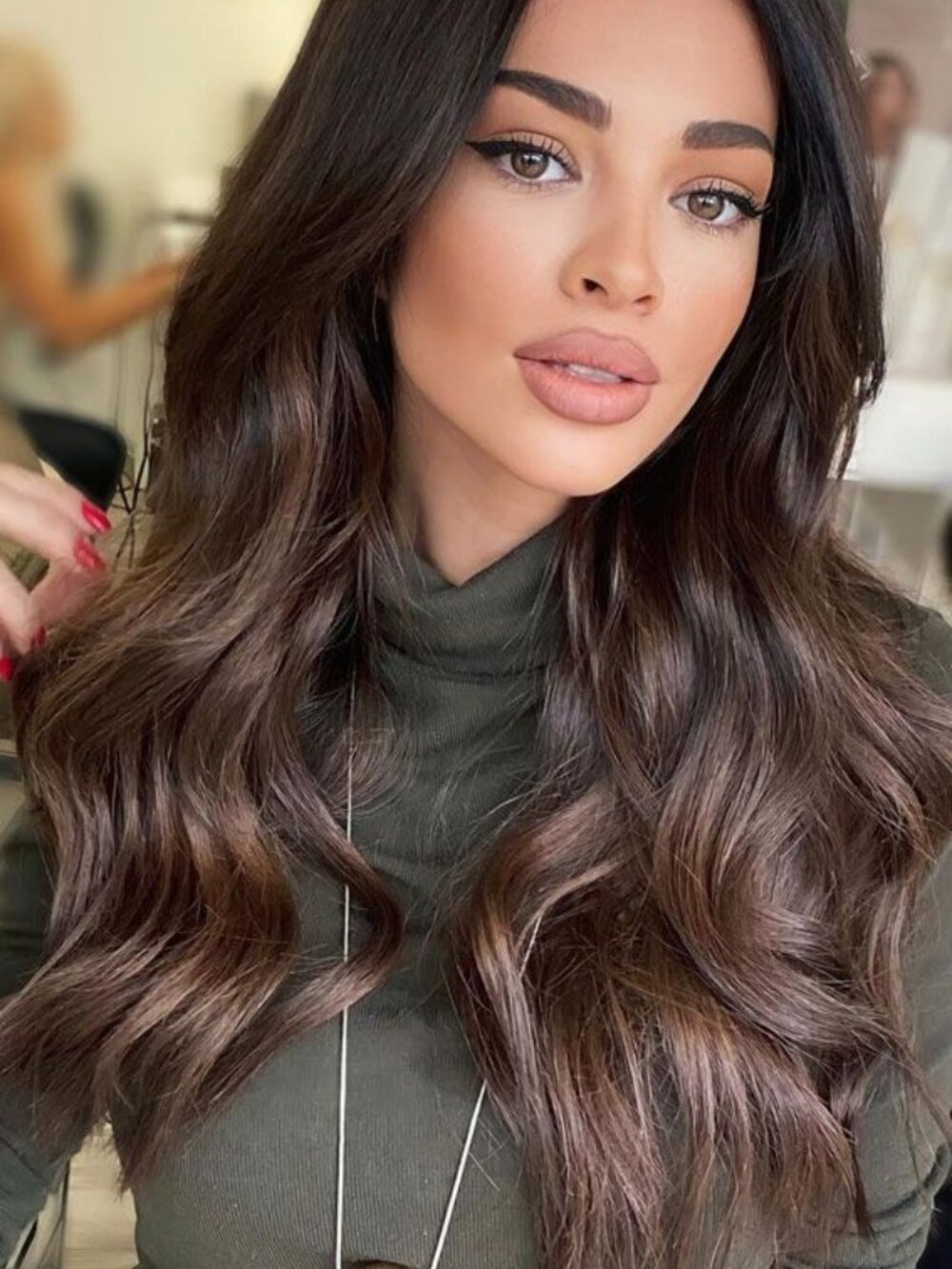 Body Wave Wig Dark Brown Full Bangs Natural Hairline Synthetic Heat Resistant